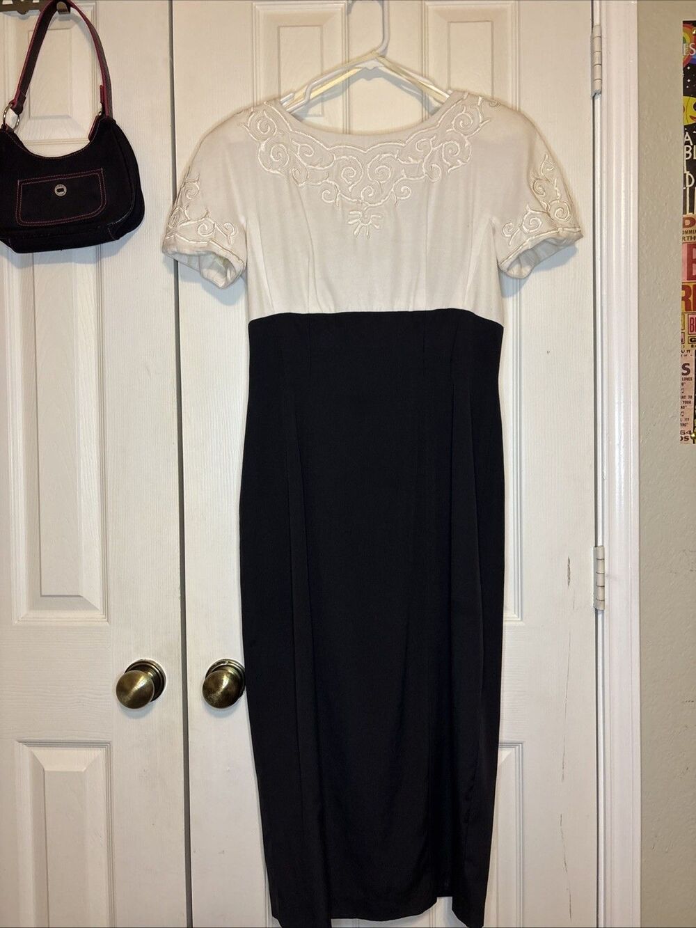 VTG 80s Sarah Elizabeth SZ 10 Dress Black, White Embroidered Modest Midi Formal